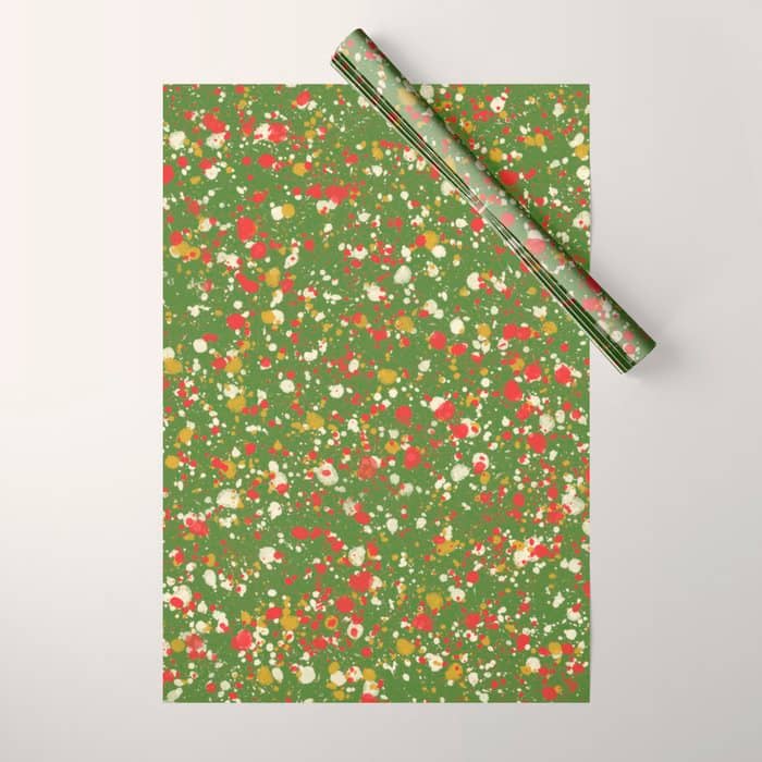 Christmas Spatter Paint In Retro Xmas Red, Cream, Gold, And Olive Green Wrapping Paper