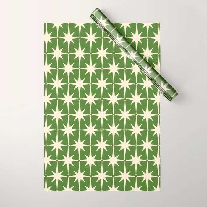 Atomic Age Starbursts - Midcentury Modern Pattern In Cream And Retro Green Wrapping Paper
