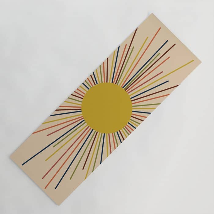 Mid-Century Modern Sunburst - Minimalist Abstract Sun In Mid Mod Mustard, Orange, Olive, Blue, And Beige Yoga Mat