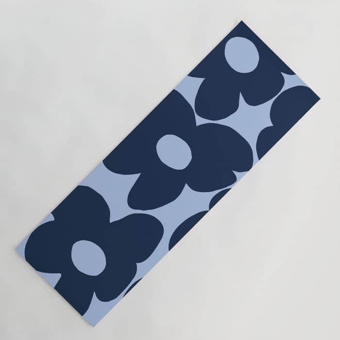 Large Dark Blue Retro Flowers Baby Blue Background #Decor #Homestorie #Buyart Yoga Mat