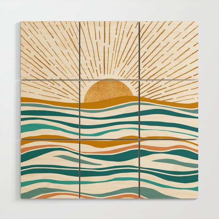 The Sun And The Sea - Gold And Teal Wood Wall Art