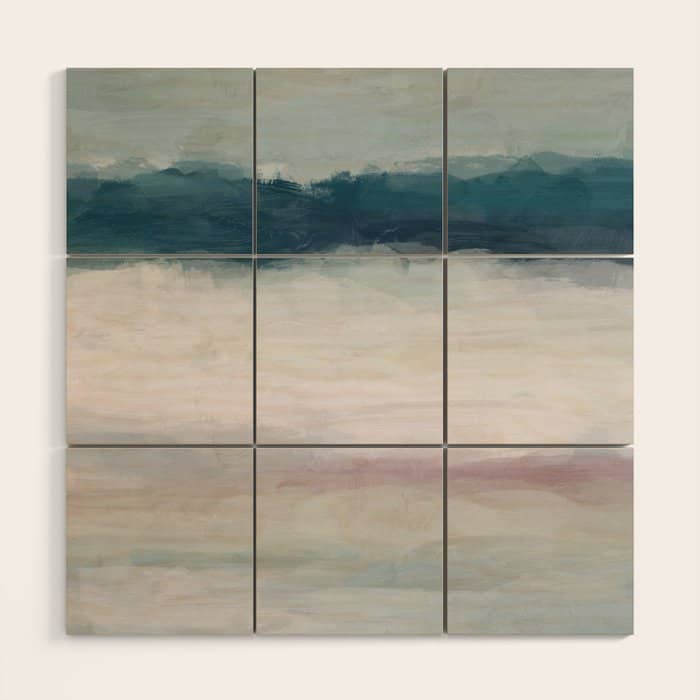 Lullaby Waves I - Dark Teal Blue White Pink Light Blue Modern Art, Ocean Waves Diptych Nursery Beach Wood Wall Art