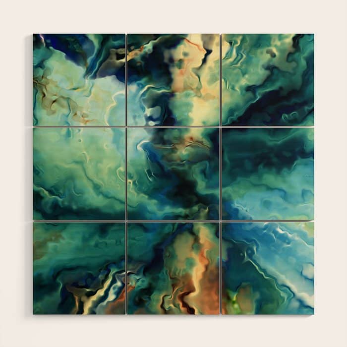 Marbled Ocean Abstract, Navy, Blue, Teal, Green Wood Wall Art