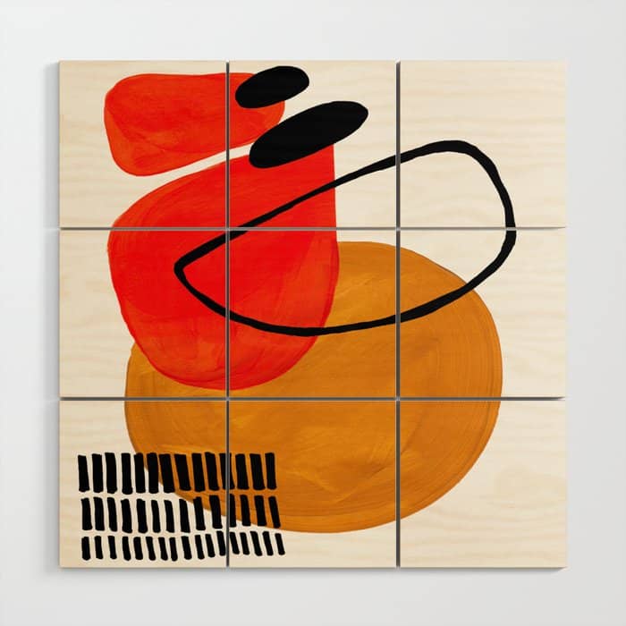 Mid Century Modern Abstract Vintage Pop Art Space Age Pattern Orange Yellow Black Orbit Accent Wood Wall Art