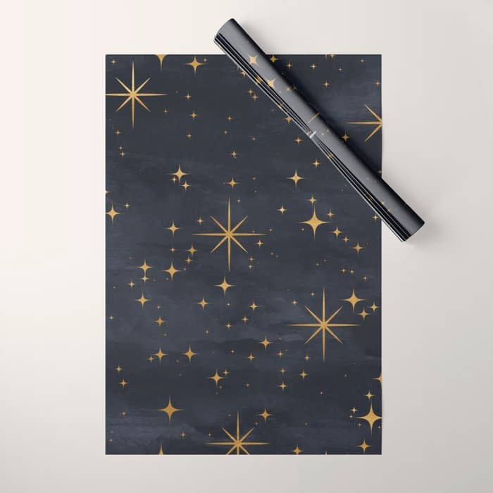 Gold Stars Black Ink Night Sky Magical Mid Century Pattern Wrapping Paper