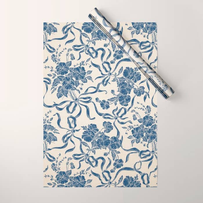 Chic Modern Vintage Ivory Navy Blue Floral Pattern Wrapping Paper