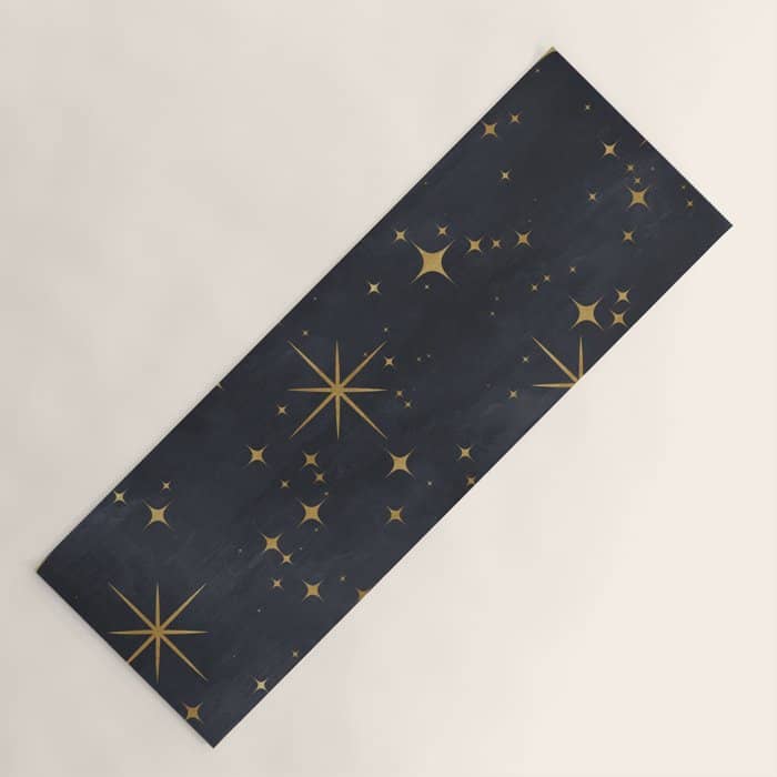 Gold Stars Black Ink Night Sky Magical Mid Century Pattern Yoga Mat