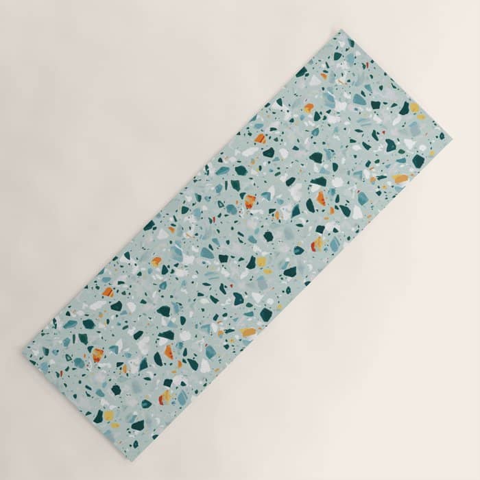 Mint Terrazzo, Eclectic Marble Texture Pattern, Colorful Neutral Pastel Illustration, Floor Tiles Yoga Mat
