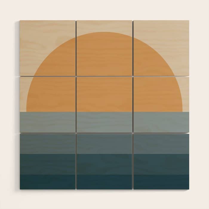 Minimal Retro Sunset Sunrise - Nautical Ocean Blue Wood Wall Art