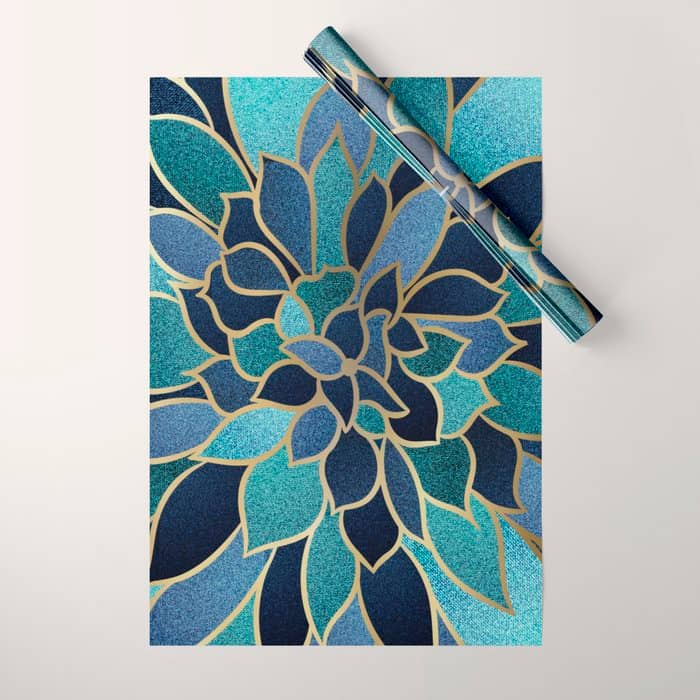 Festive, Floral Prints, Navy Blue, Teal And Gold Wrapping Paper