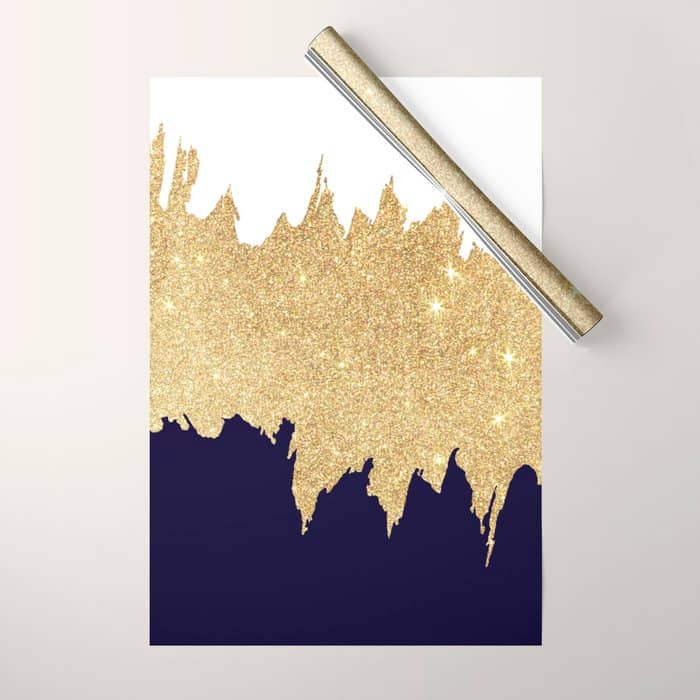 Modern Navy Blue White Faux Gold Glitter Brushstrokes Wrapping Paper