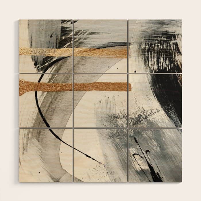 Armor [7]: A Bold Minimal Abstract Mixed Media Piece In Gold, Black And White Wood Wall Art