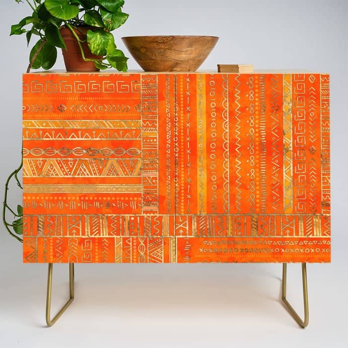 Tribal Ethnic Pattern Gold On Bright Orange Credenza