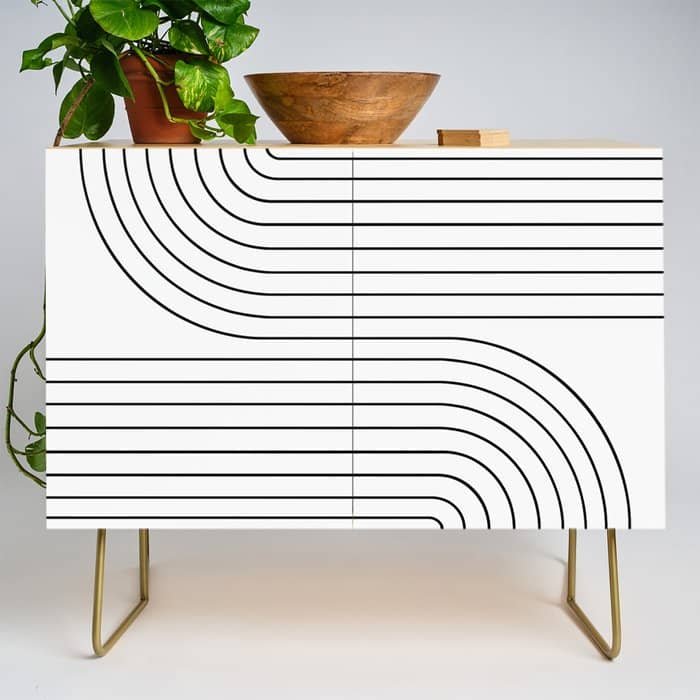 Minimal Line Curvature I Black And White Mid Century Modern Arch Abstract Credenza