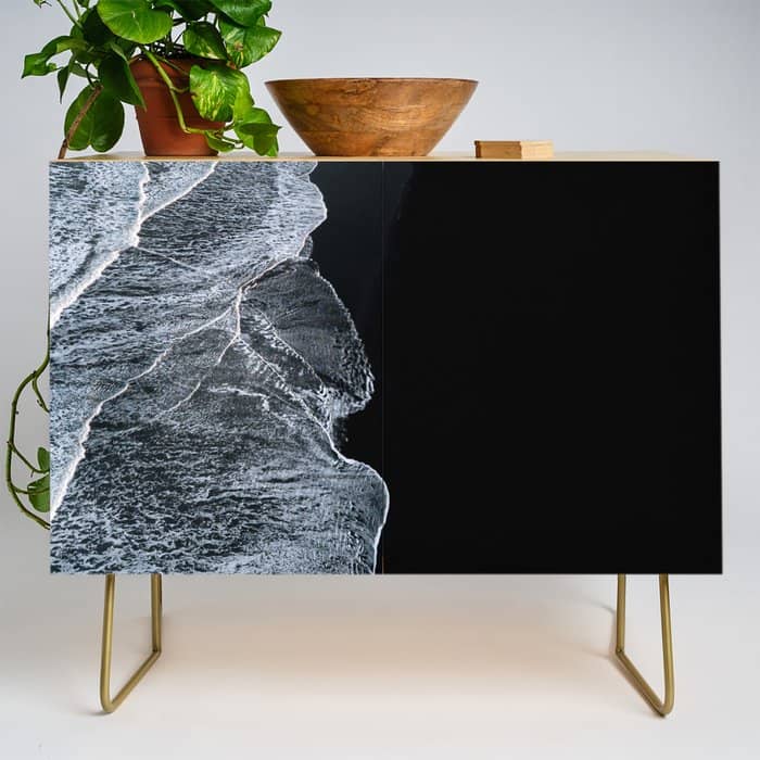 Waves On A Black Sand Beach In Iceland - Minimalist Landscape Photography Credenza