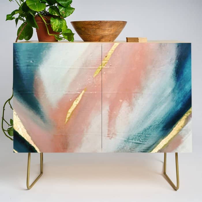 Celestial [3]: A Minimal Abstract Mixed-Media Piece In Pink, Blue, And Gold By Alyssa Hamilton Art Credenza