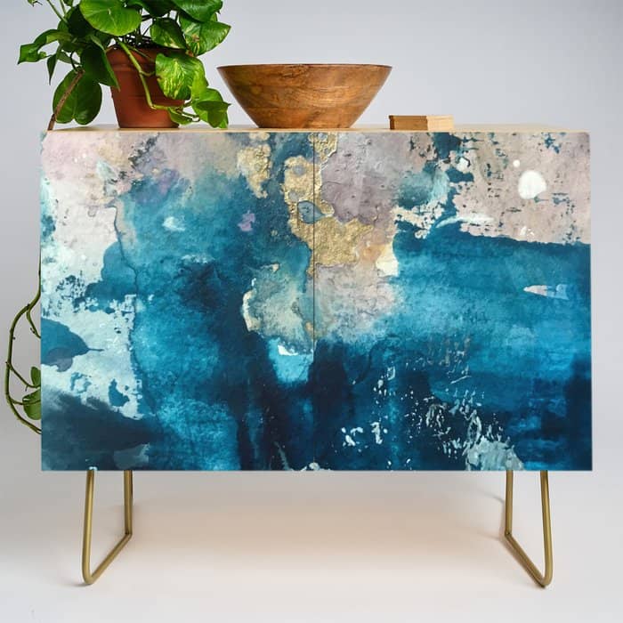 Timeless: A Gorgeous, Abstract Mixed Media Piece In Blue, Pink, And Gold By Alyssa Hamilton Art Credenza