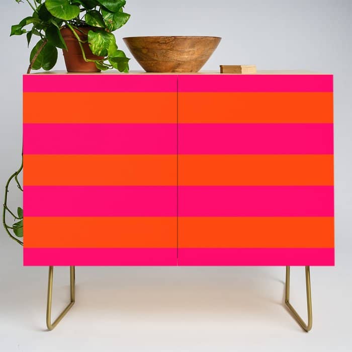 Bright Neon Pink And Orange Horizontal Cabana Tent Stripes Credenza