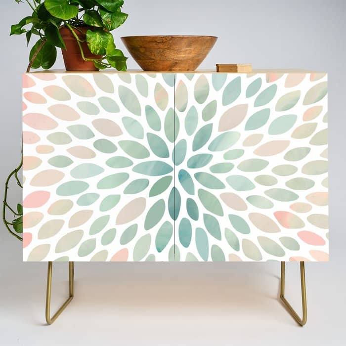 Floral Bloom, Abstract Watercolor, Coral, Peach, Green, Floral Prints Credenza