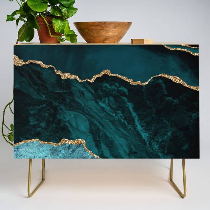 Teal Blue Emerald Marble Landscapes Credenza