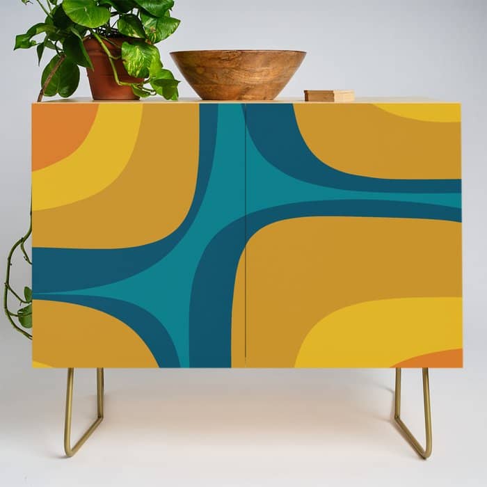 Retro Groove Mustard Teal - Minimalist Mid Century Abstract Pattern Credenza