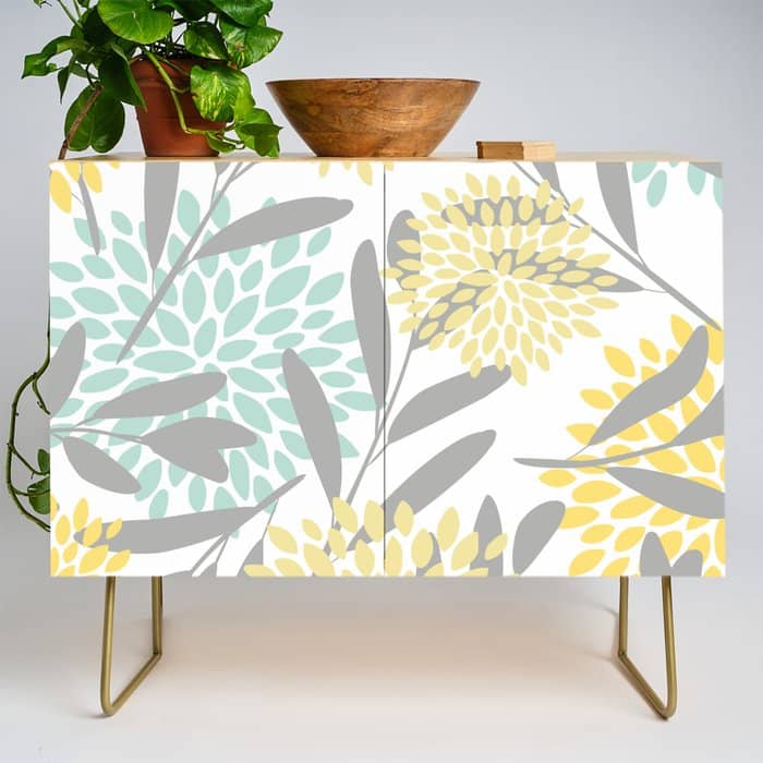 Floral Prints, Leaves And Blooms, Gray, Yellow And Aqua Credenza
