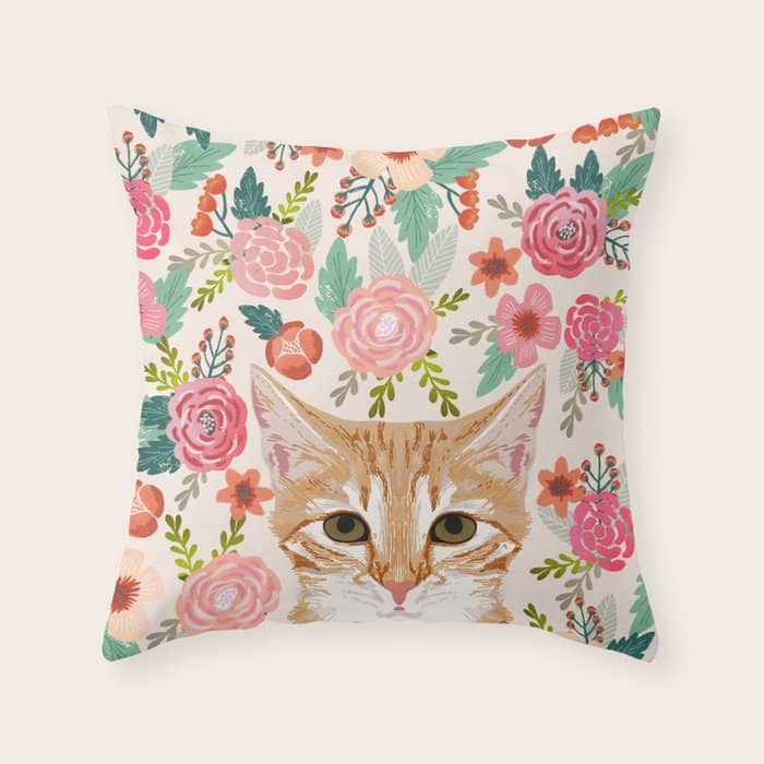 Tabby Cat Florals Cute Spring Garden Kitten Orange Tabby Cat Lady Funny Girly Cat Art Pet Gifts  Throw Pillow