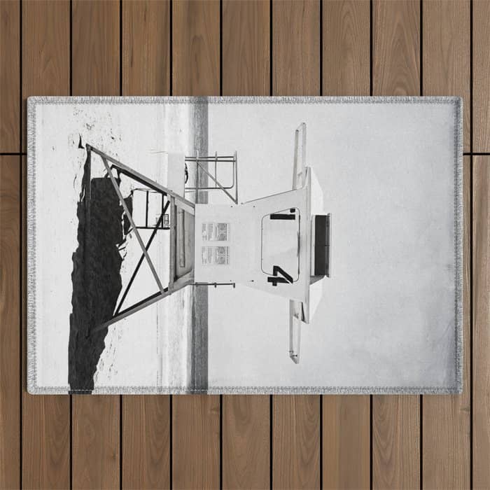 Black And White Beach Photography, Grey Lifeguard Stand, Gray Coastal Nautical Art Outdoor Rug
