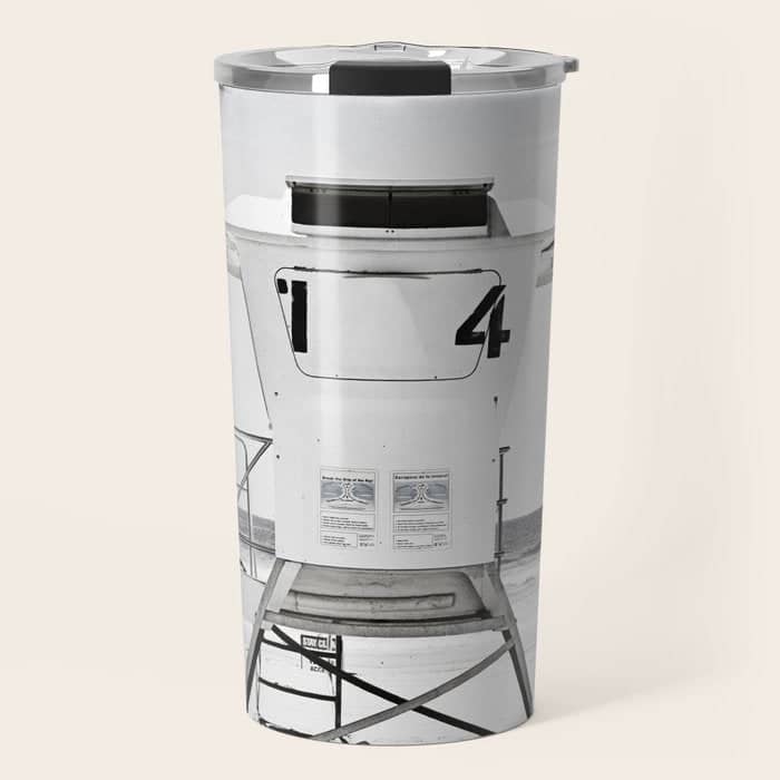 Black And White Beach Photography, Grey Lifeguard Stand, Gray Coastal Nautical Art Travel Mug