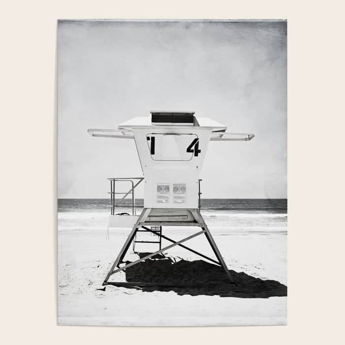 Black And White Beach Photography, Grey Lifeguard Stand, Gray Coastal Nautical Art Poster