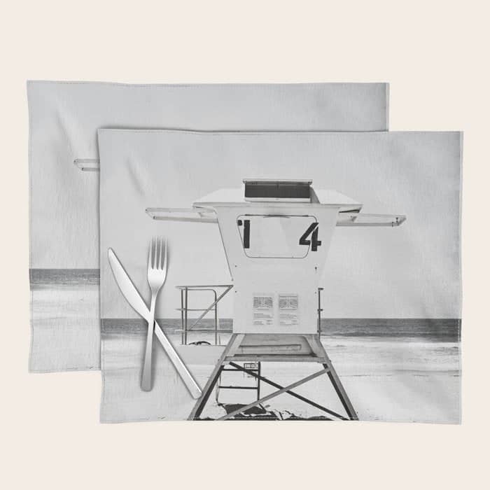 Black And White Beach Photography, Grey Lifeguard Stand, Gray Coastal Nautical Art Placemat