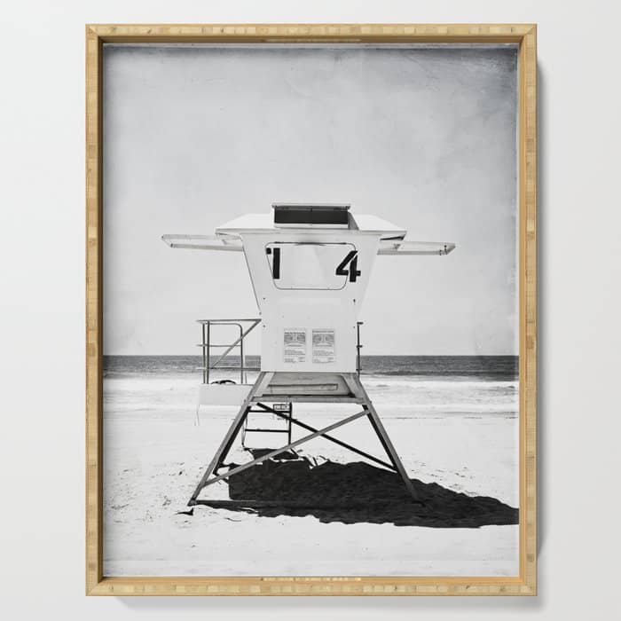 Black And White Beach Photography, Grey Lifeguard Stand, Gray Coastal Nautical Art Serving Tray