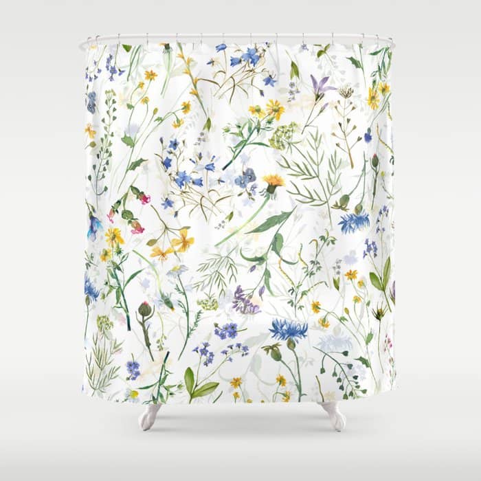 Scandinavian Midsummer Blue And Yellow Wildflowers Meadow  Shower Curtain