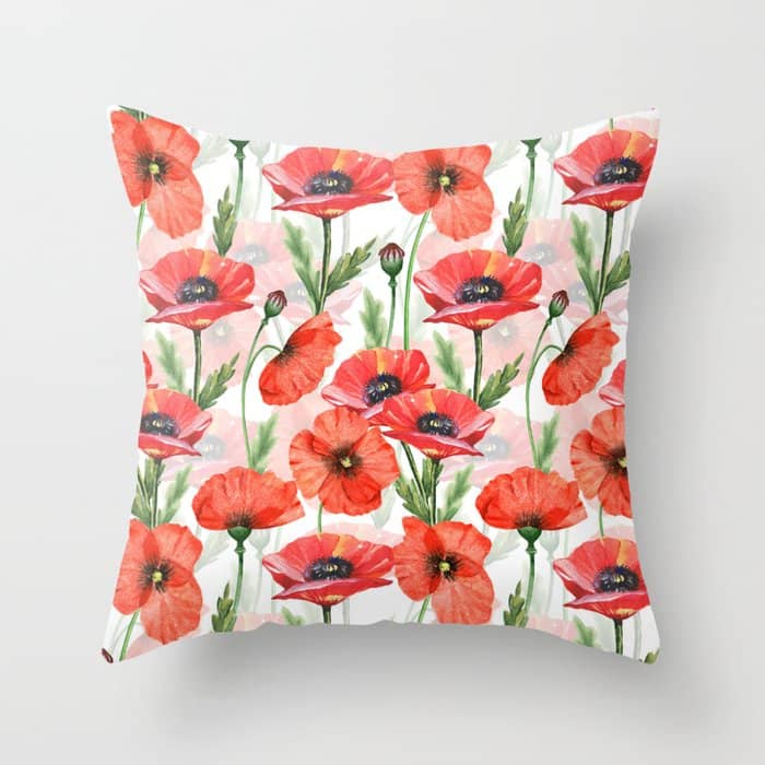 Summer Botanical Poppies Field Throw Pillow