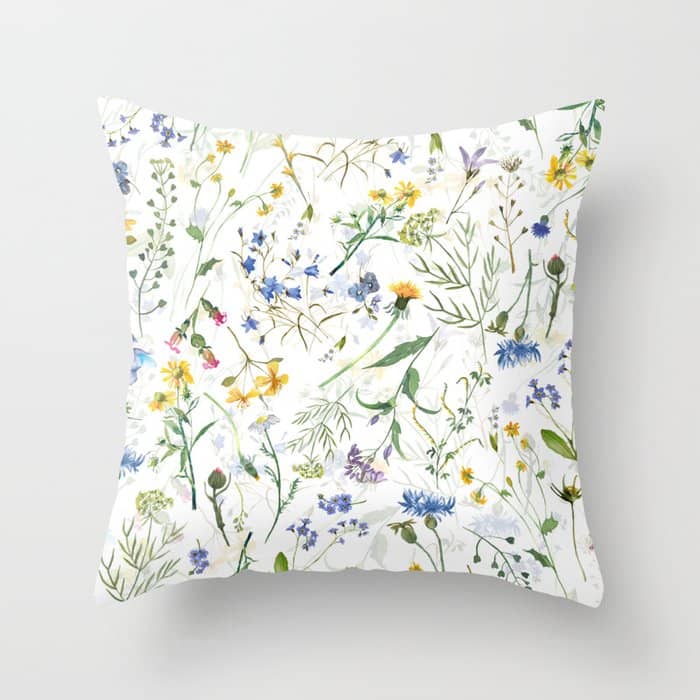Scandinavian Midsummer Blue And Yellow Wildflowers Meadow  Throw Pillow