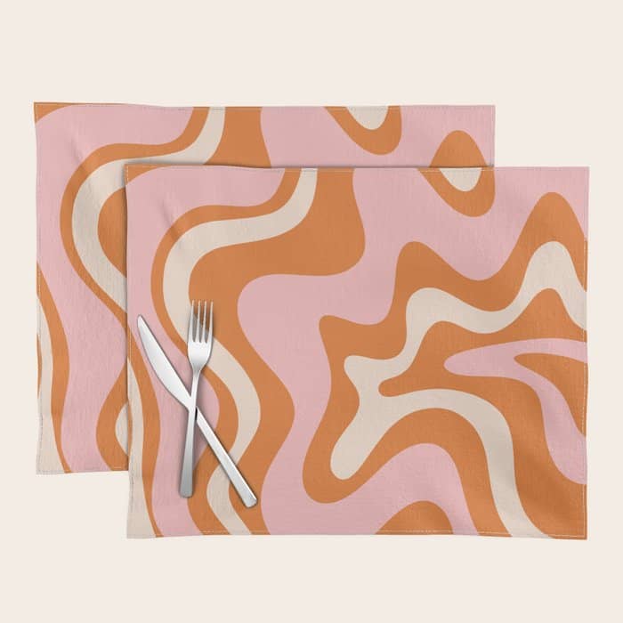 Liquid Swirl Retro Abstract Pattern In Orange Pink Cream Placemat