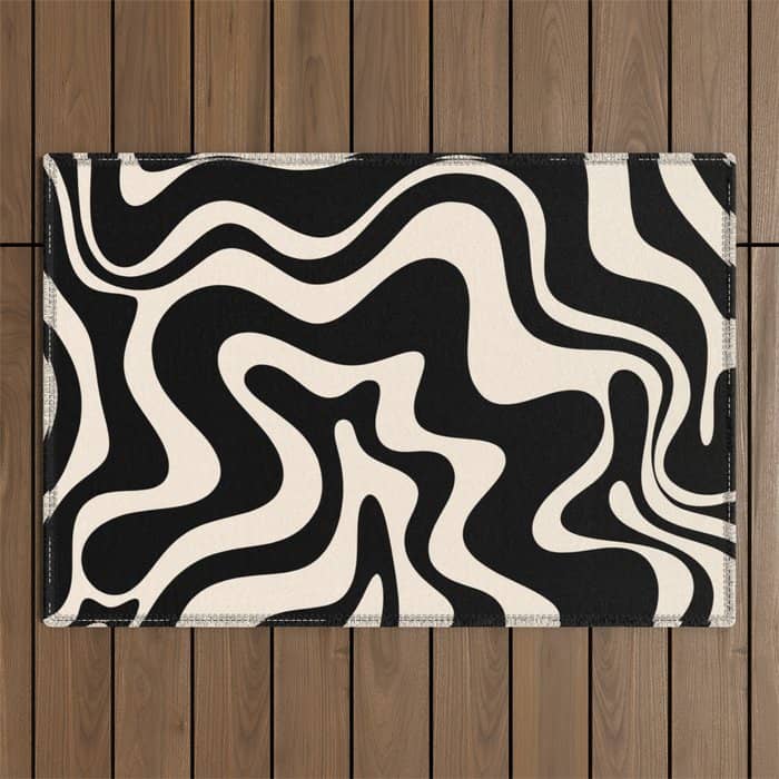 Retro Liquid Swirl Abstract In Black And Almond Cream  Outdoor Rug