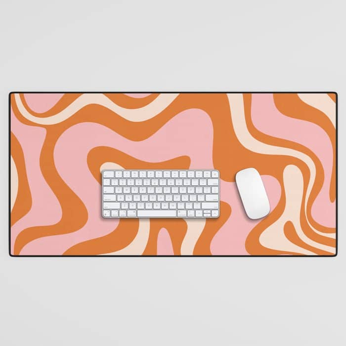 Liquid Swirl Retro Abstract Pattern In Orange Pink Cream Desk Mat