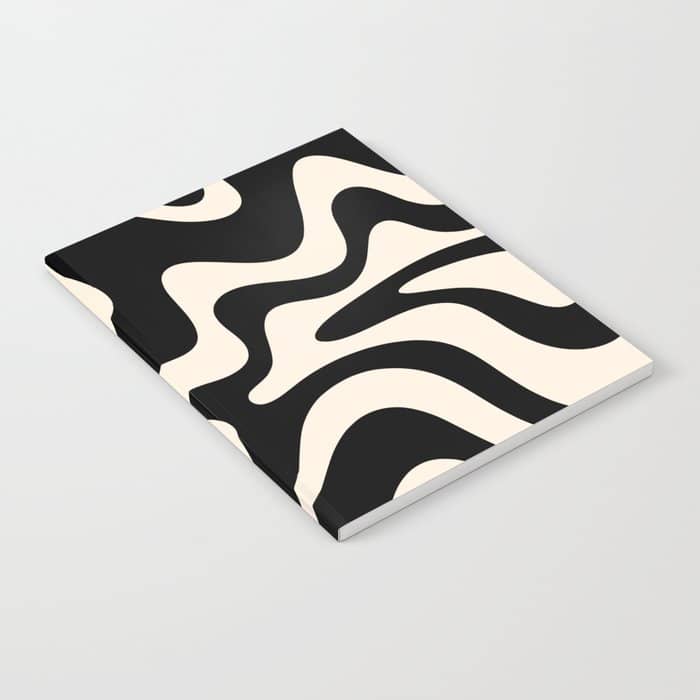 Retro Liquid Swirl Abstract In Black And Almond Cream  Notebook
