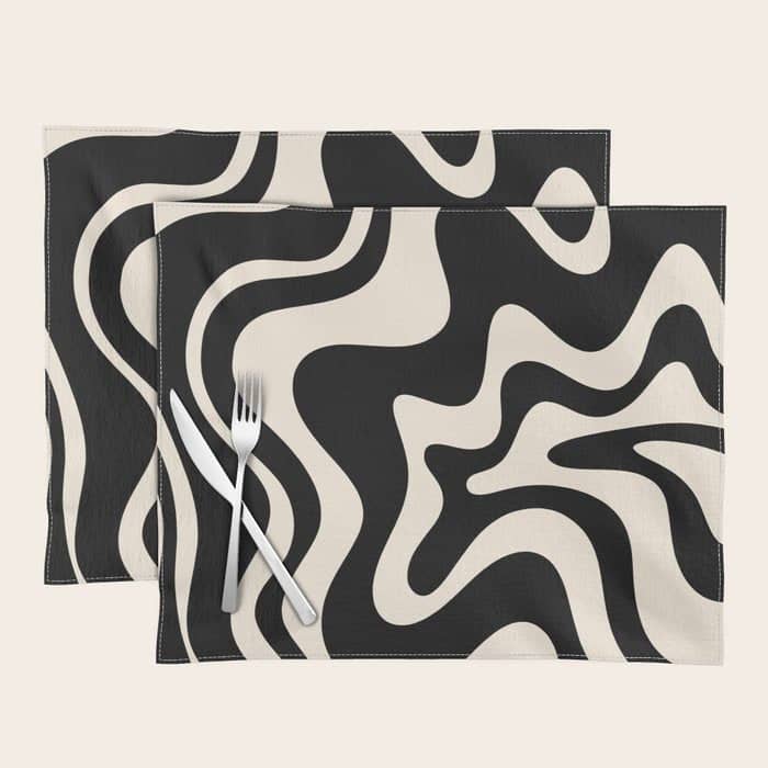 Retro Liquid Swirl Abstract In Black And Almond Cream  Placemat