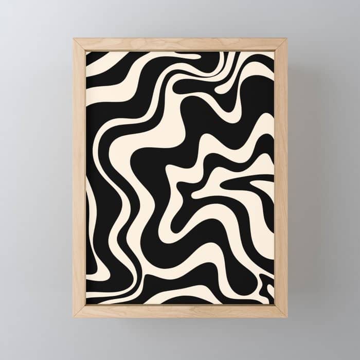 Retro Liquid Swirl Abstract In Black And Almond Cream  Mini Art Print