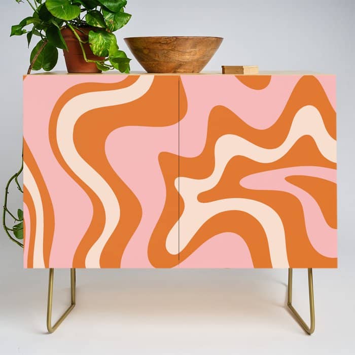 Liquid Swirl Retro Abstract Pattern In Orange Pink Cream Credenza