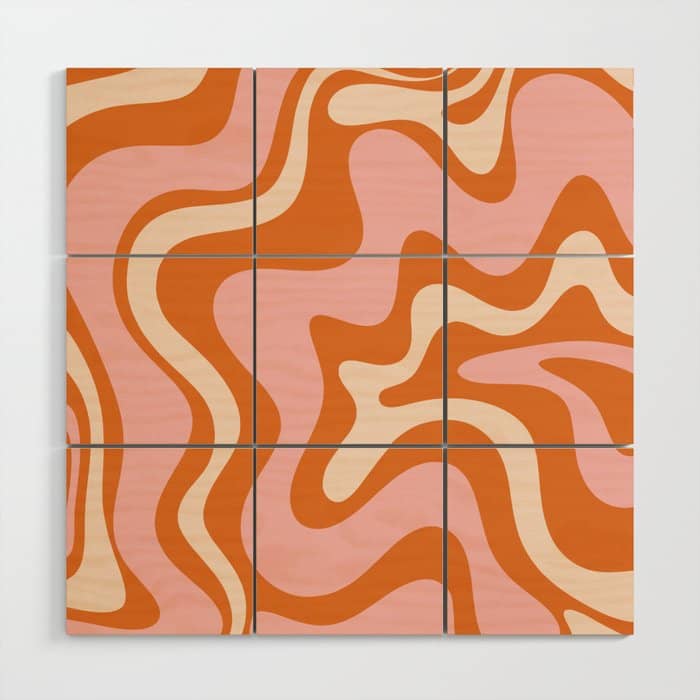 Liquid Swirl Retro Abstract Pattern In Orange Pink Cream Wood Wall Art