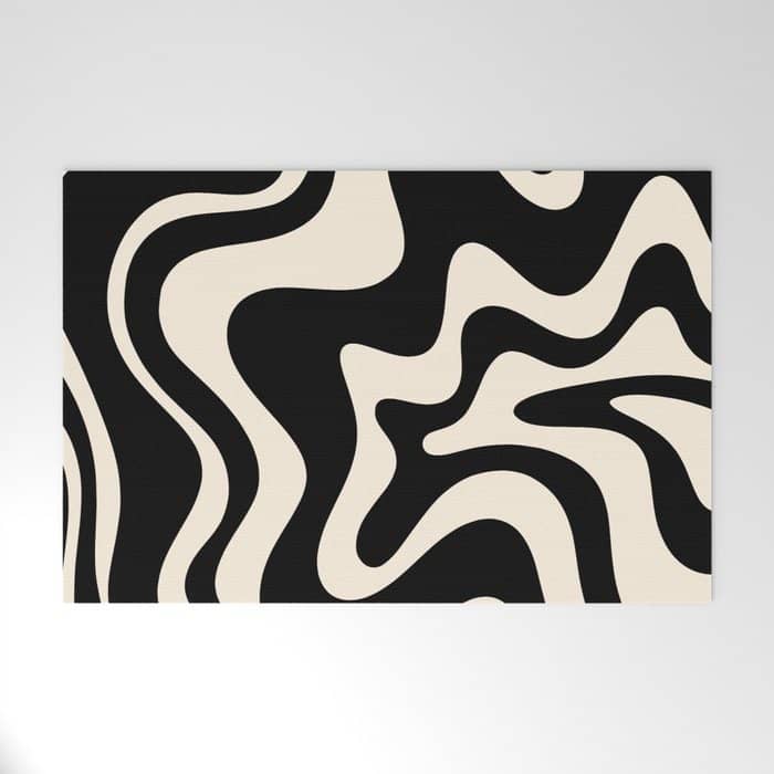 Retro Liquid Swirl Abstract In Black And Almond Cream  Welcome Mat