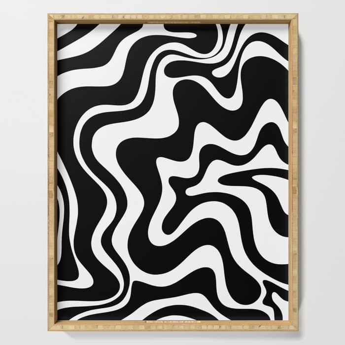 Liquid Swirl Abstract Pattern In Black And White Serving Tray