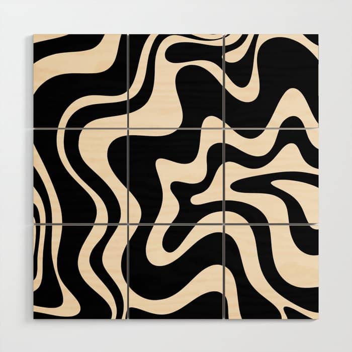 Retro Liquid Swirl Abstract In Black And Almond Cream  Wood Wall Art