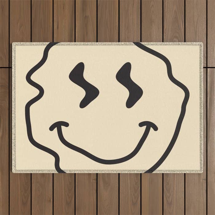 Wonky Smiley Face - Black And Cream Outdoor Rug