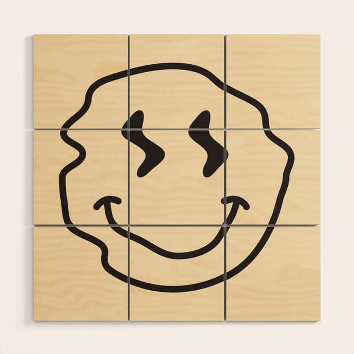 Wonky Smiley Face - Black And Cream Wood Wall Art