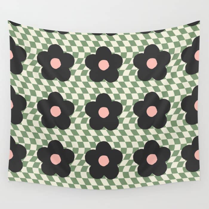 A Single Flower (Checked & Warped Bg) Wall Tapestry