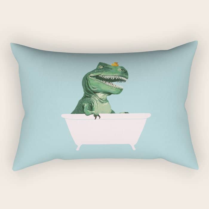 Playful T-Rex In Bathtub In Green Rectangular Pillow